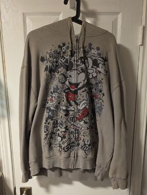 Disney Parks Mickey Allover Print Zip Hoodie in Gray and Black XL